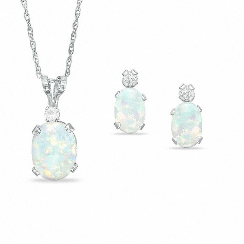 Main Image 1 of Oval Simulated Opal Pendant and Earrings Set in Sterling Silver with CZ