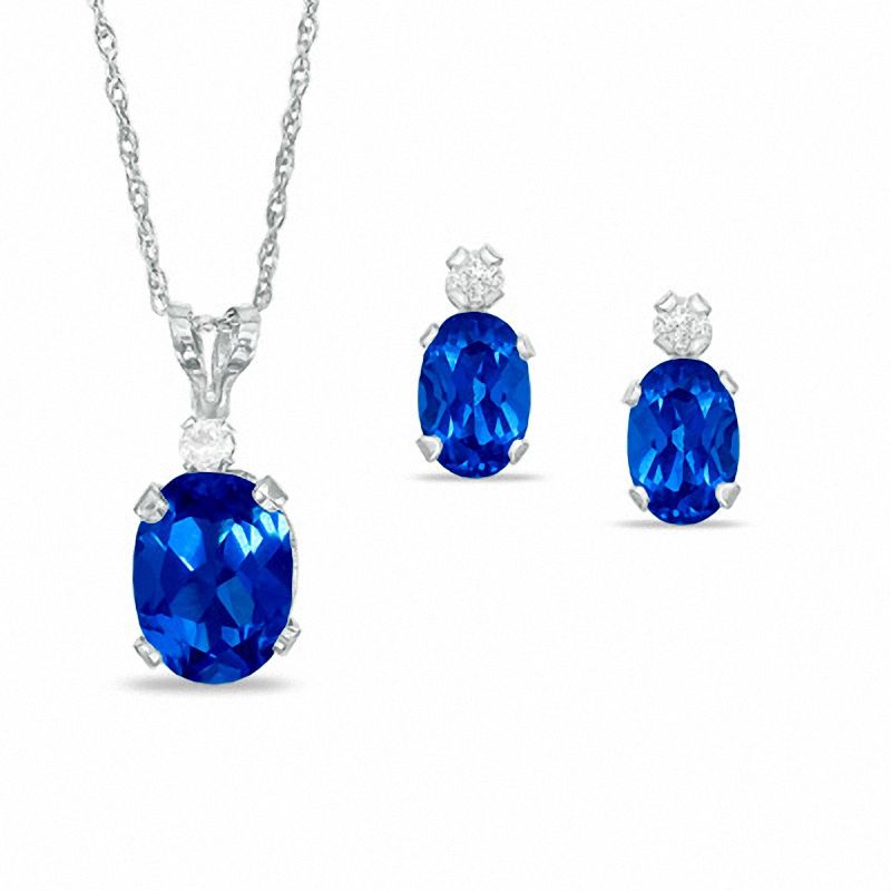 Main Image 1 of Oval Simulated Sapphire Pendant and Earrings Set in Sterling Silver with CZ