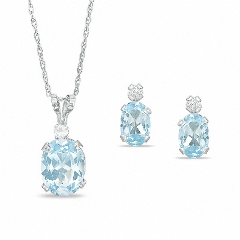 Oval Simulated Aquamarine Pendant and Earrings Set in Sterling Silver with  CZ | Banter