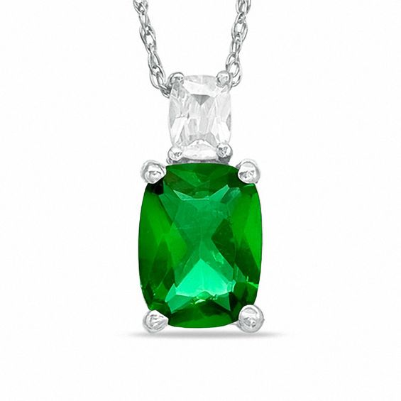 Cushion-Cut Simulated Emerald Pendant in Sterling Silver with CZ