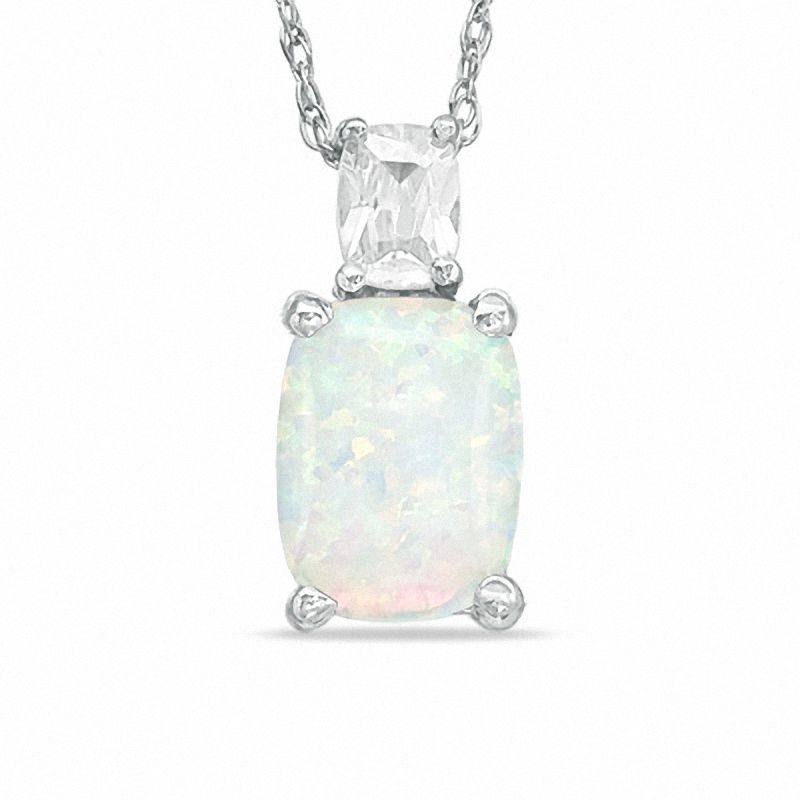 Main Image 1 of Cushion-Cut Simulated Opal and Cubic Zirconia Pendant in Sterling Silver