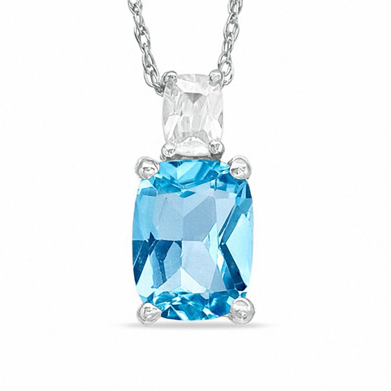 Cushion-Cut Simulated Blue Topaz and Cubic Zirconia Pendant in Sterling Silver