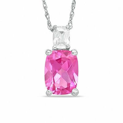 Cushion-Cut Lab-Created Pink Sapphire and Cubic Zirconia Pendant in Sterling Silver