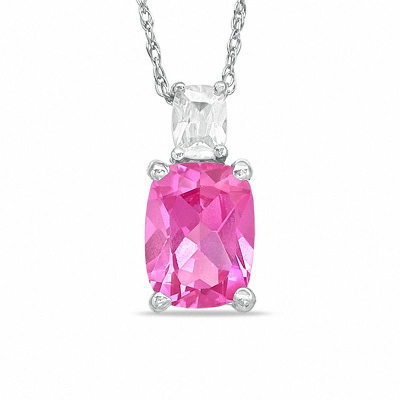 Main Image 1 of Cushion-Cut Lab-Created Pink Sapphire and Cubic Zirconia Pendant in Sterling Silver