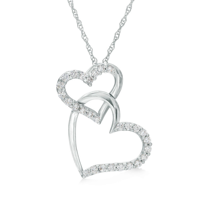 Cubic Zirconia Double Heart Pendant in 10K White Gold - 17"