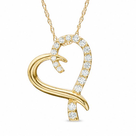 10K Semi-Solid Gold CZ Ribbon Heart Pendant - 17"