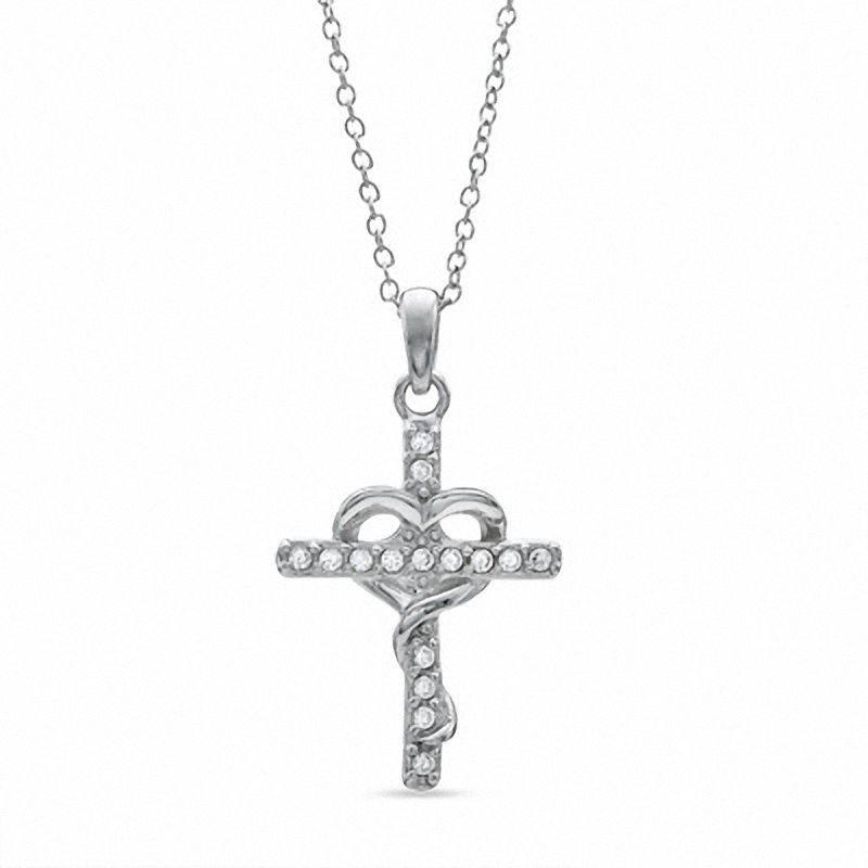 Main Image 1 of Cubic Zirconia Cross with Heart Pendant in Sterling Silver