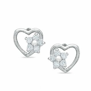 Child's Open Heart with Cubic Zirconia Flower Stud Earrings in 10K White Gold