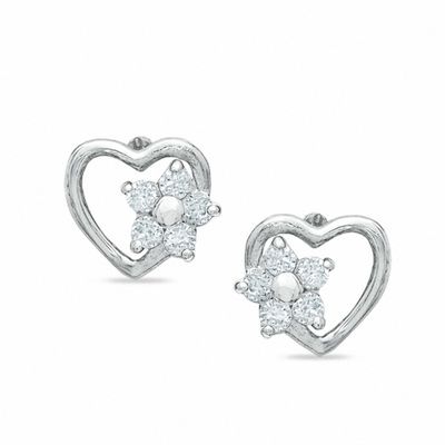 Child's Open Heart with Cubic Zirconia Flower Stud Earrings in 10K White Gold