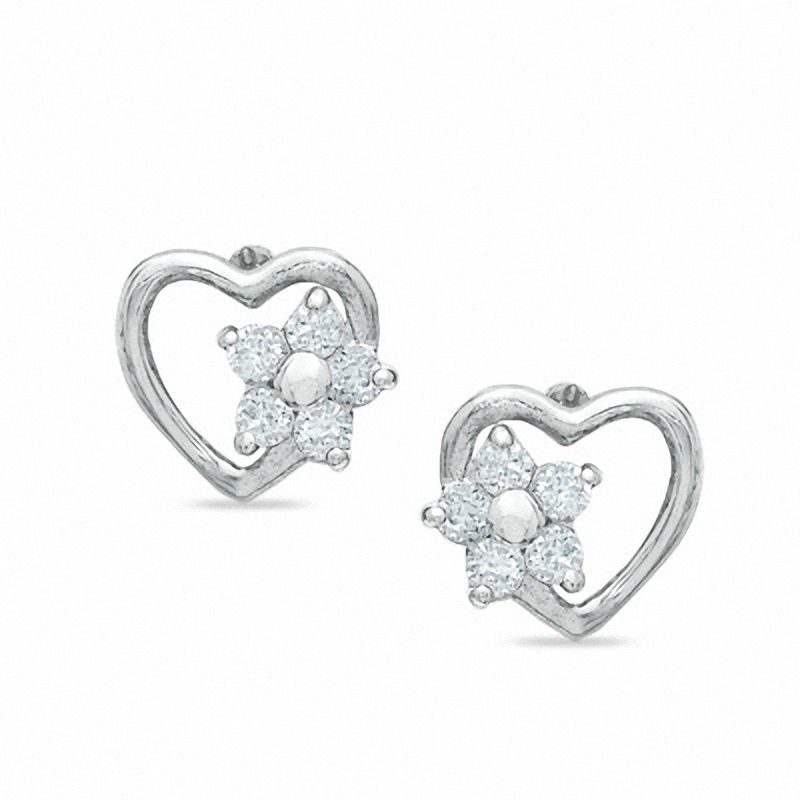 Child's Open Heart with Cubic Zirconia Flower Stud Earrings in 10K White Gold