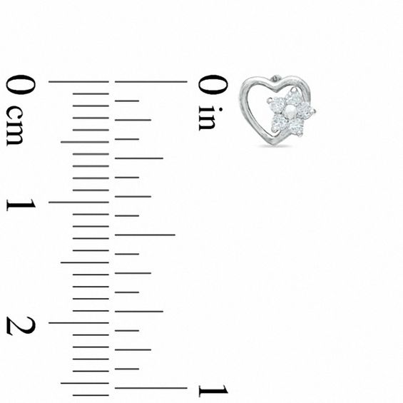 Child's Open Heart with Cubic Zirconia Flower Stud Earrings in 10K White Gold