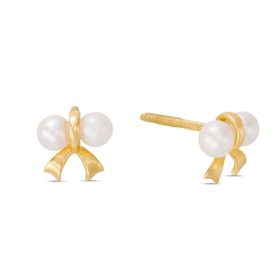 Child's Freshwater Cultured Pearl Bow Stud Earrings in 14K Gold