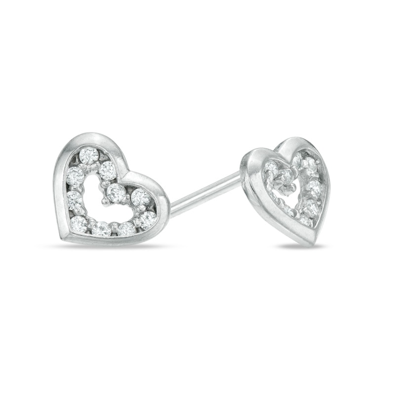 Child's Open Heart with Cubic Zirconia Stud Earrings in 10K White Gold