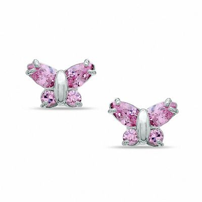 Child's Pink Cubic Zirconia Butterfly Stud Earrings in 10K White Gold