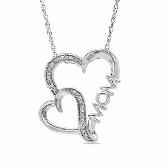 Diamond Accent Mom Double Heart Pendant in Sterling Silver