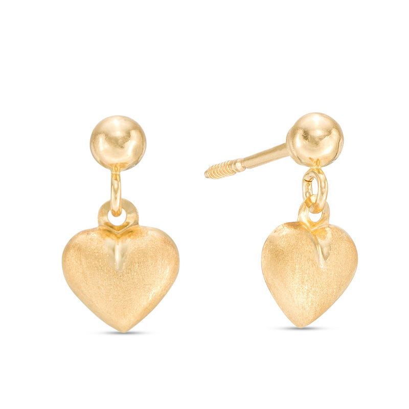 Child's Puffed Heart Drop Earrings in 10K Gold