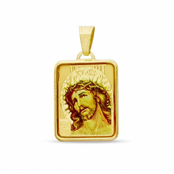 Enamel Jesus with Crown Medallion Charm in 10K Gold