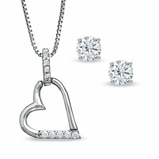 Cubic Zirconia Open Heart Pendant and 6mm Stud Earrings Set in Sterling Silver