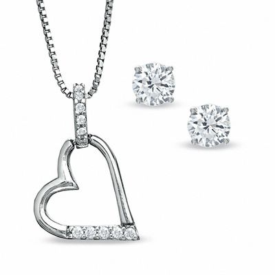 Cubic Zirconia Open Heart Pendant and 6mm Stud Earrings Set in Sterling Silver