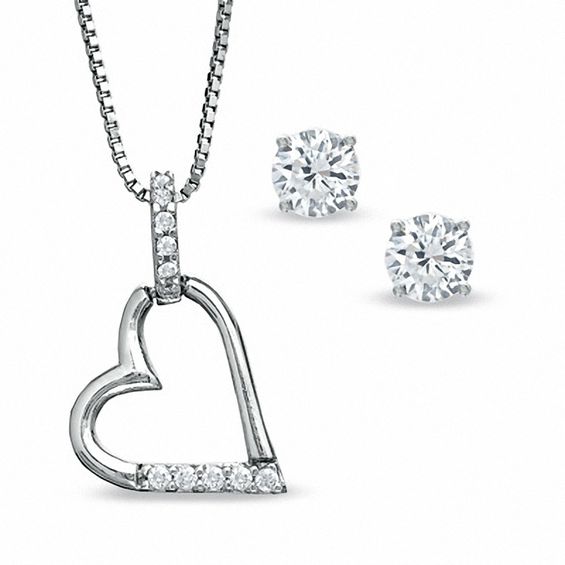 Cubic Zirconia Open Heart Pendant and 6mm Stud Earrings Set in Sterling Silver