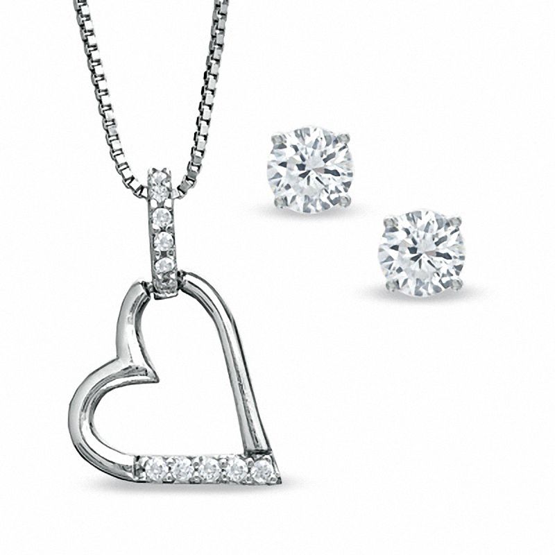 Main Image 1 of Cubic Zirconia Open Heart Pendant and 6mm Stud Earrings Set in Sterling Silver