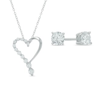 Cubic Zirconia Solitaire Stud Earrings and Heart Pendant Set in Sterling Silver