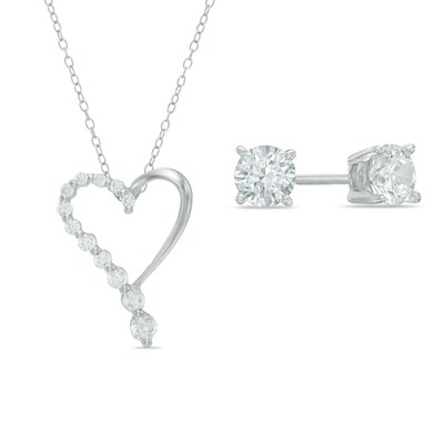 Cubic Zirconia Solitaire Stud Earrings and Heart Pendant Set in Sterling Silver