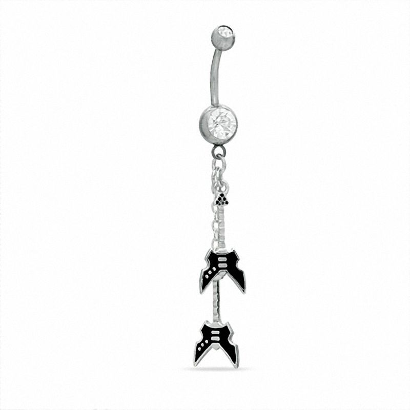 Main Image 1 of 014 Gauge Black Guitars Dangle Belly Button Ring with Cubic Zirconia in Stainless Steel