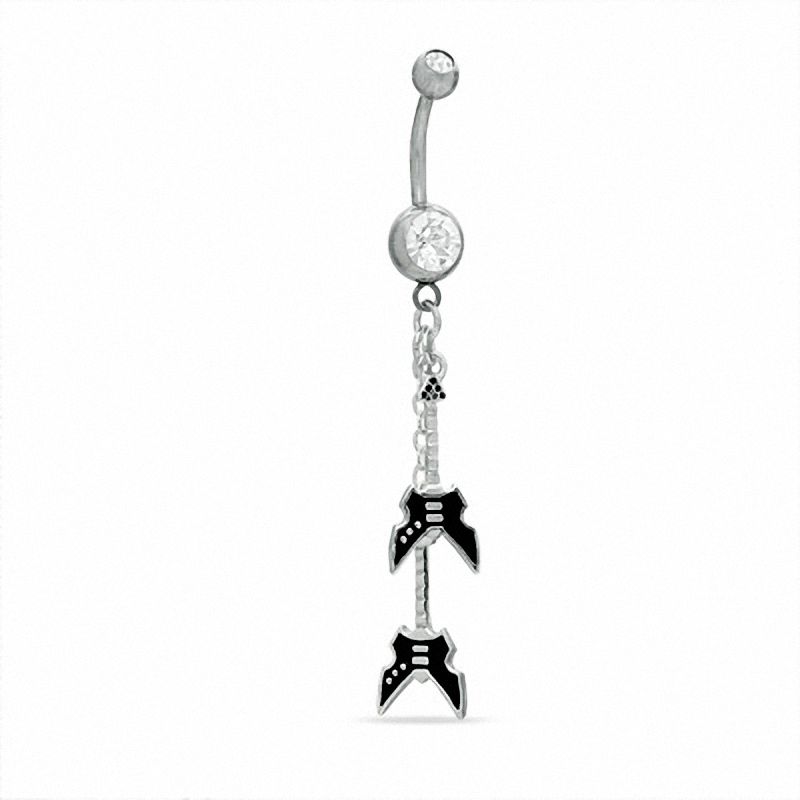 014 Gauge Black Guitars Dangle Belly Button Ring with Cubic Zirconia in Stainless Steel