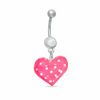 014 Gauge Pink and White Polka Dot Heart Dangle Belly Button Ring with Cubic Zirconia in Stainless Steel