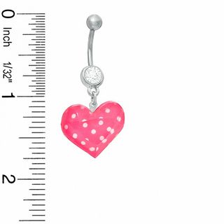 014 Gauge Pink and White Polka Dot Heart Dangle Belly Button Ring with Cubic Zirconia in Stainless Steel