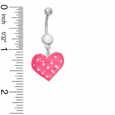 014 Gauge Pink and White Polka Dot Heart Dangle Belly Button Ring with Cubic Zirconia in Stainless Steel