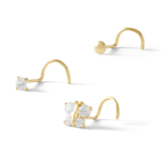14K Semi-Solid, Hollow, and Solid Gold CZ Nose Stud Set