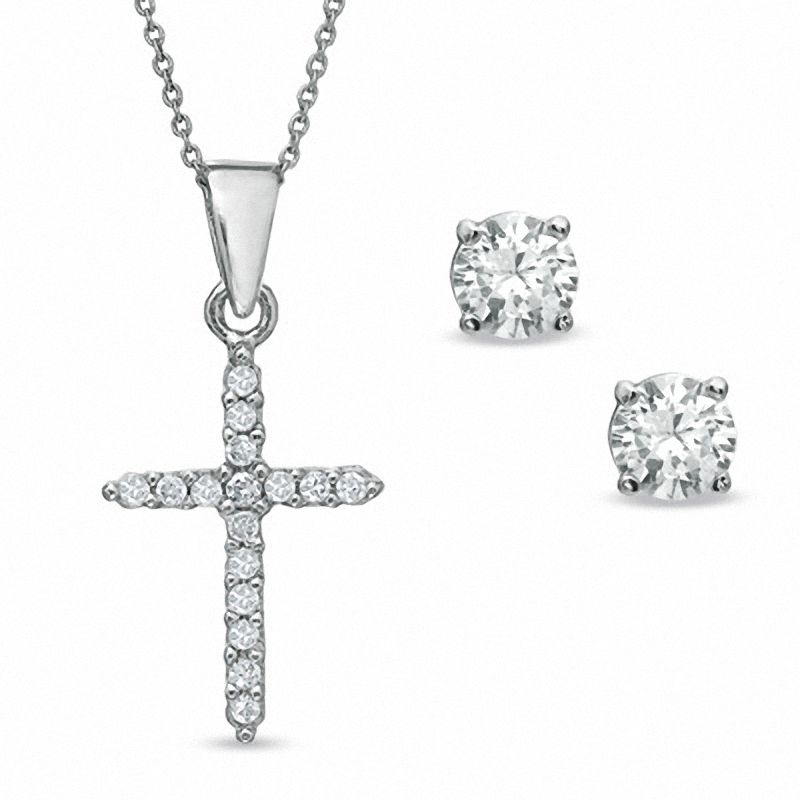 Main Image 1 of Cubic Zirconia Cross Pendant and Stud Earrings Set in Sterling Silver