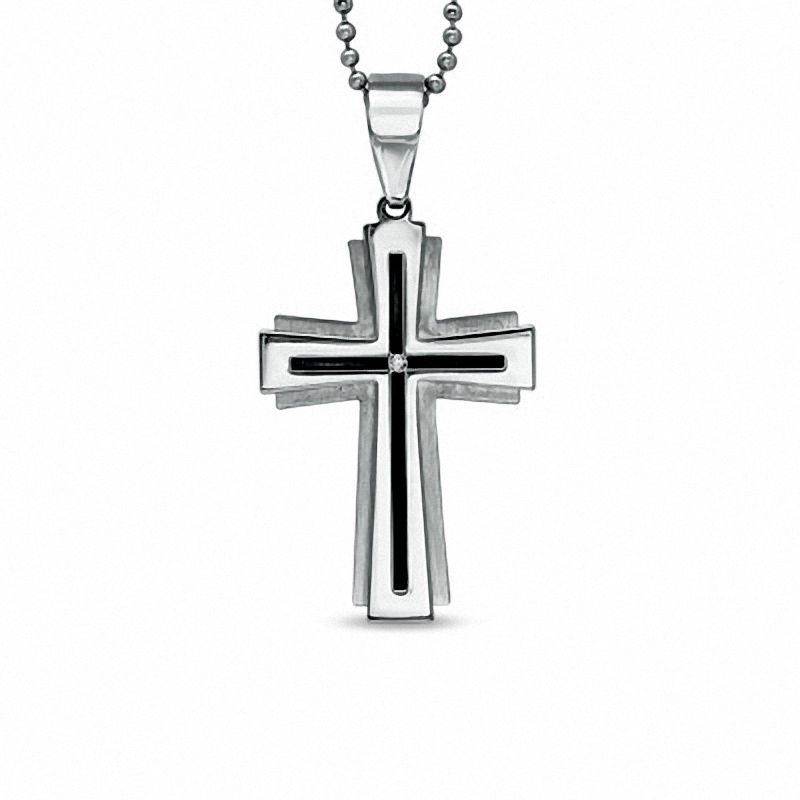 Main Image 1 of Diamond Accent Layered Cross Pendant in Stainless Steel - 24"