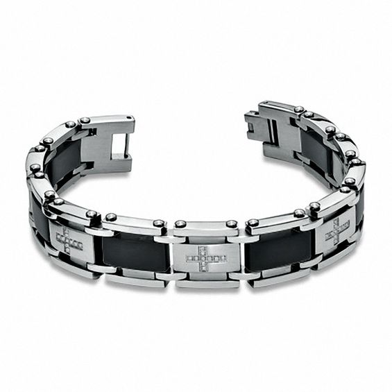 1/7 CT. T.W. Diamond 12mm Cross Link Bracelet in Two-Tone Stainless Steel - 8.5"