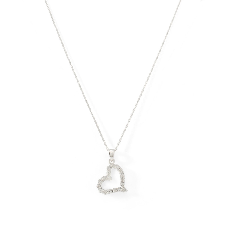 Diamond Tilted Heart Necklace, Silver or White Gold