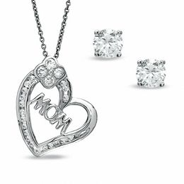 Cubic Zirconia Heart MOM Pendant with 5mm Stud Earrings Set in Sterling Silver