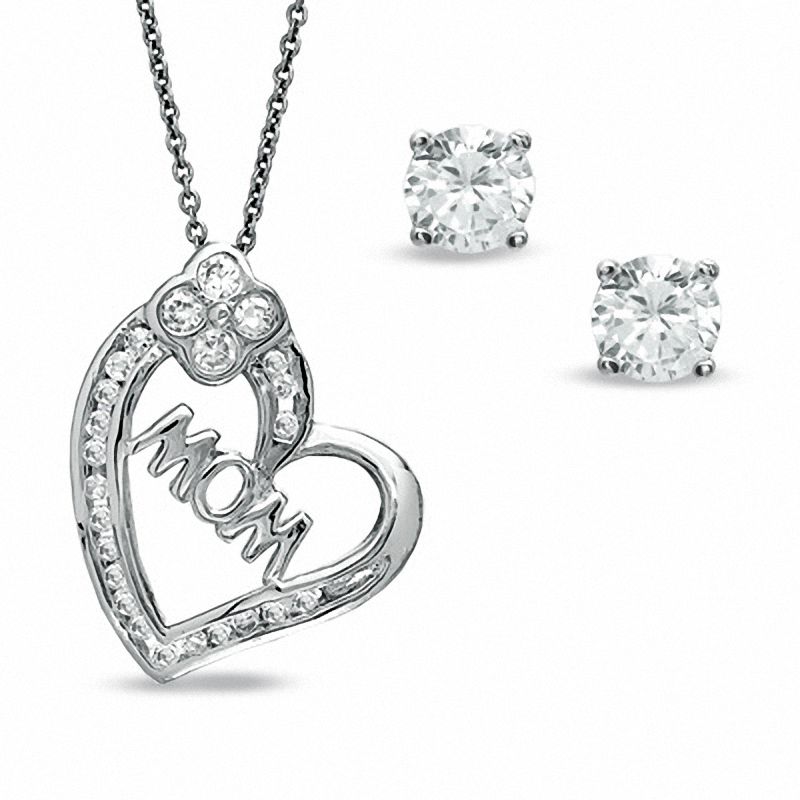 Main Image 1 of Cubic Zirconia Heart MOM Pendant with 5mm Stud Earrings Set in Sterling Silver