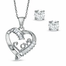Cubic Zirconia Heart LOVE Pendant and 5mm Stud Earrings Set in Sterling Silver