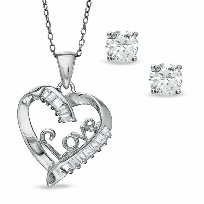 Main Image 1 of Cubic Zirconia Heart LOVE Pendant and 5mm Stud Earrings Set in Sterling Silver