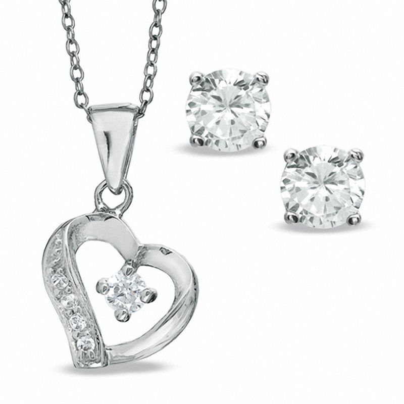 Cubic Zirconia Heart Pendant and 6mm Stud Earrings Set in Sterling Silver