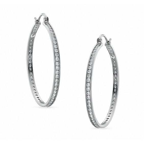 Cubic Zirconia 2 x 40mm Hoop Earrings in Sterling Silver