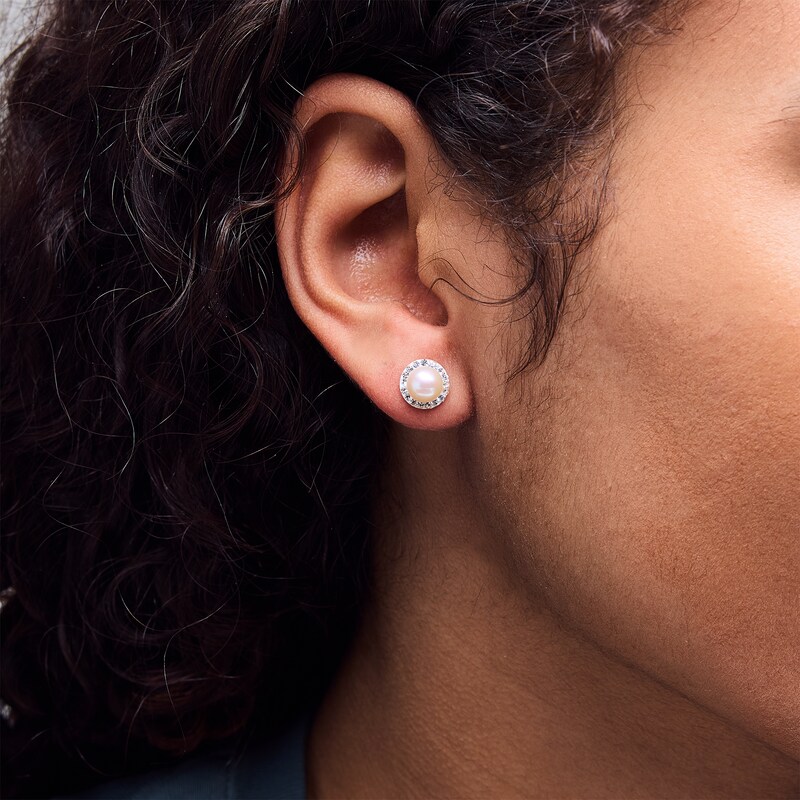Main Image 2 of 5.75mm Freshwater Cultured Pearl and Crystal Stud Earrings in 10K Gold