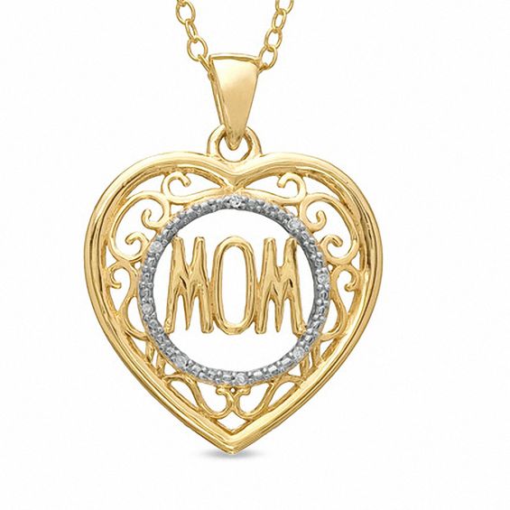 Diamond Accent Mom Swirl Heart Pendant in Sterling Silver with 18K Gold Plate