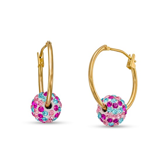 17mm Hoop Earrings with Pastel Crystal Ball in 10K White Gold