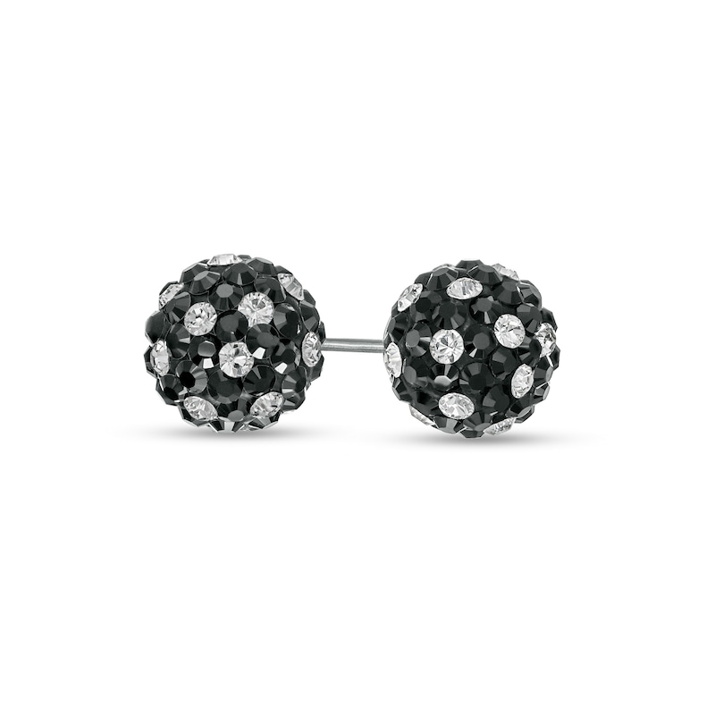 7.5mm Black and White Crystal Ball Stud Earrings in 10K White Gold