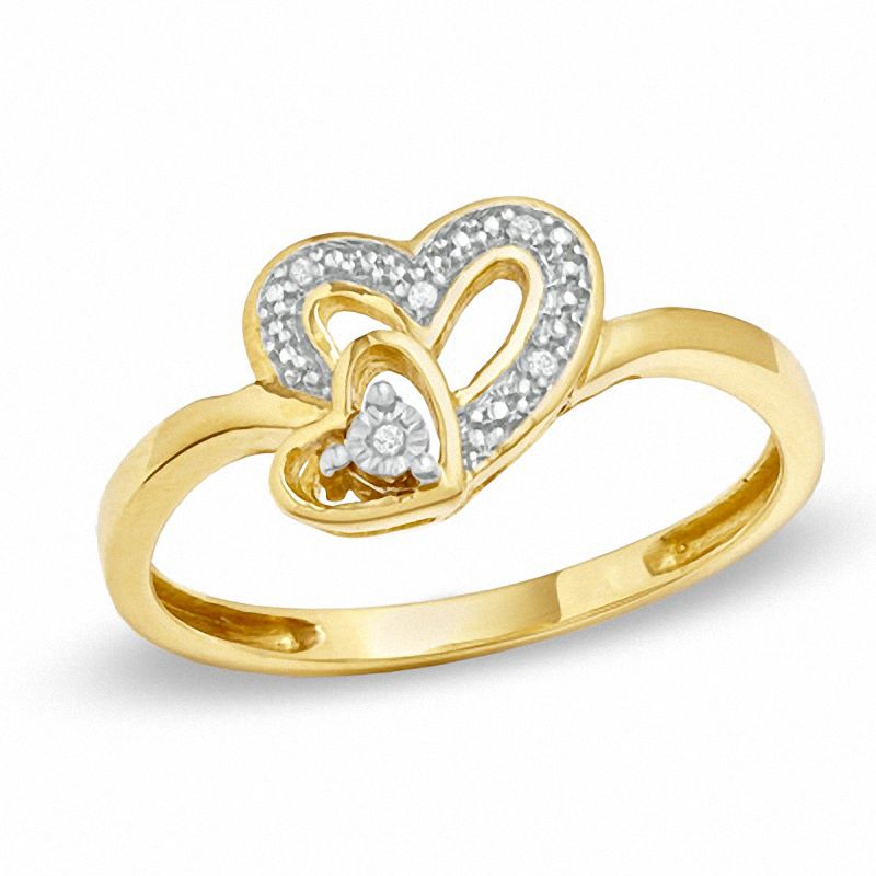 Diamond Accent Double Heart Ring in Sterling Silver with 18K Gold Plate - Size 7