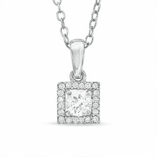 Lab-Created White Sapphire and Diamond Accent Square Frame Pendant in Sterling Silver