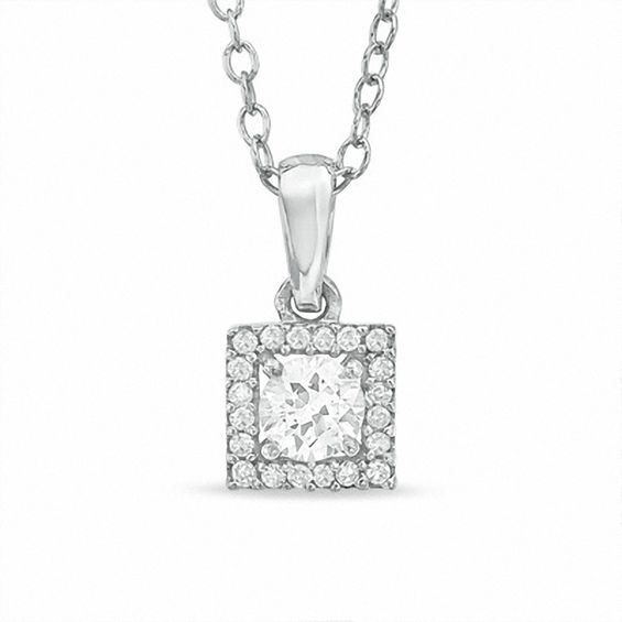 Lab-Created White Sapphire and Diamond Accent Square Frame Pendant in Sterling Silver
